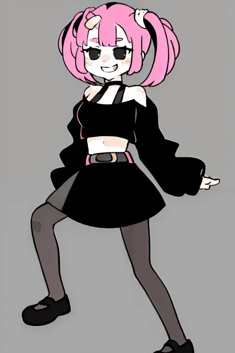 masterpiece, best quality, <lora:sanngo:1>, <lora:Kyoufuu All Back:1>,sanngo,1girl,crop top, choker,black skirt,long sleeves, kyoufuu all back,simple background, grin,leg single pantyhose, full body