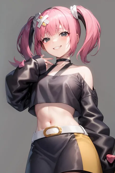 whole body, One girl,alone,Blood, One girl, alone, heart, tooth, skirt, smile, black skirt, Sleeves are longer than the wrist, blush, View Viewer, Open your mouth, Simple Background, Sleeves are longer than your fingers, Crop top, Hands on hips, shirt, Long sleeve, pantyhose, belt, black shirt, Clothing cutouts, abdomen, :d, overview, V-shaped eyebrows, Side Lock, miniskirt, :3, skin tooth, Grey Eyes, white overview, Exposing shoulders, Are standing, Long Hair, Multicolored Hair, Shiny, Medium Hair, (arms behind head:1.5), Spread your legs, Squat, (Pussy:1.2), (Covered nipples:1.4)