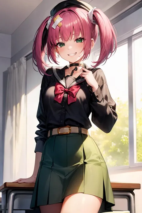 masterpiece, best quality, very aesthetic, absurdres,
momo_velia_deviluke, to_love-ru, to_love-ru_darkness,1girl,purple_eyes, pink_hair, short_hair, breasts, demon_tail, green_skirt, hair_flower, hair_ornament, sainan_high_school_uniform, school_uniform, shirt, skirt, tail, tail_fondling, thighhighs, white_shirt, black_thighhighs, blush, looking_at_viewer, smile, solo,flower,