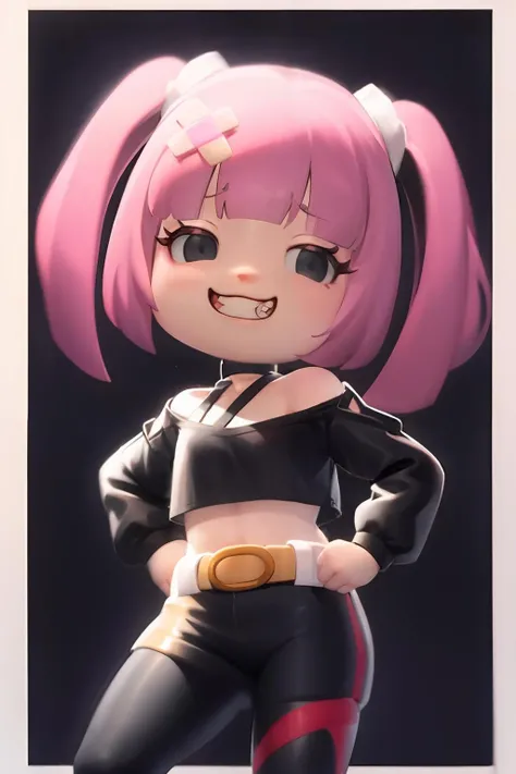 masterpiece, best quality, <lora:sango:1>,sanngo, 1girl, grin,choker,crop top, long sleeves, belt,shirt, <lora:ach02:1>,chibi