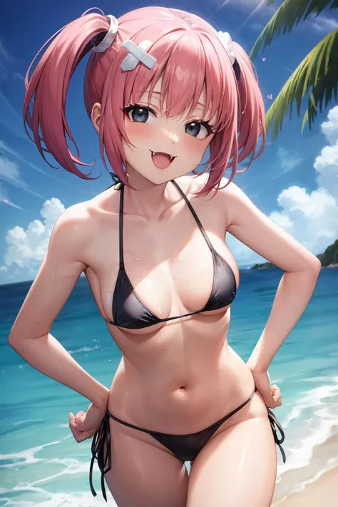 masterpiece, best quality, <lora:sango:1>,sanngo, 1girl, solo, swimsuit, bikini, black bikini, navel, fang, heart, smile,hand on hip, looking at viewer, open mouth, micro bikini, small breasts, breasts, :d, side-tie bikini bottom, skin fang, collarbone, blush,day,ocean,