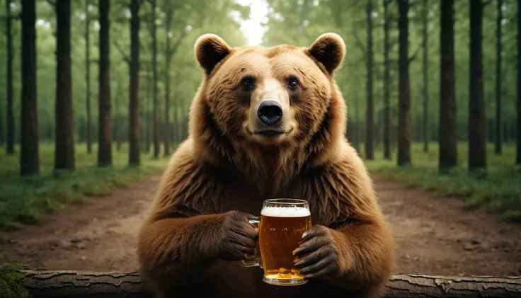 cinematic photo a bear drinking a beer in a forest <lora:Happy_World:0.8>, 35mm photograph, film, bokeh, professional, 4k, highly detailed