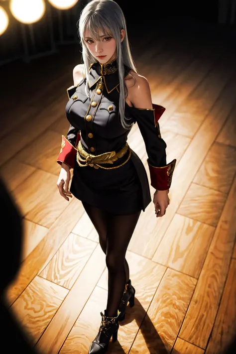 highres,absurdres,masterpiece,best quality,original,extremely detailed CG,extremely detailed wallpaper,perfect lighting,standing on the stage,blurry background,(from above),looking at viewer,
<lora:selvaria_blesV3:0.6>,selvaria_bles,Military_uniform_Black_short_dress_Detached_sleeves_Golden_belt_Black_pantyhose_Halterneck_High_heels,