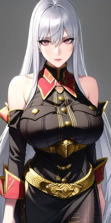 <lora:selvaria_blesV3:0.7> selvaria_bles, huge_breasts, standing, solo, Military_uniform_Black_short_dress_Detached_sleeves_Golden_belt_Black_pantyhose_Halterneck_High_heels, masterpiece, best quality, detailed face, detailed eyes, highres,