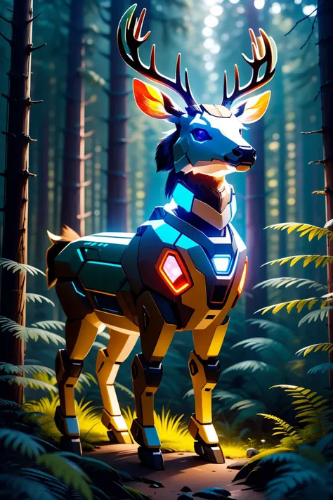 masterpiece,best quality,robotzoo, deer mecha, cute, standing, glowing, looking at viewer, solo, full body ,forest,tree,    , <lora:ç»å¨æºç²å¨ç©å­robotzoo_v1.4:0.85>