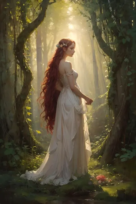 OIL PAINTING,IMPRESSIONISM,medium full view, amidst the ancient woodland, the image captures the ethereal beauty of a young dryad. her long, braided red hair cascades like flames, entwining with (vines and flowers that form her ornate dress:1.2), the air is filled with colorful petals, and dappled sunlight paints a mesmerizing tapestry on the forest floor, dense foliage, gnarled roots and branches, beams of sunlight, ethereal, mysterious, wondrous, chiaroscuro, masterpiece, best quality,<lora:bichu-v0612 :0.6> BICHU,<lora:GoodHands-beta2:1>