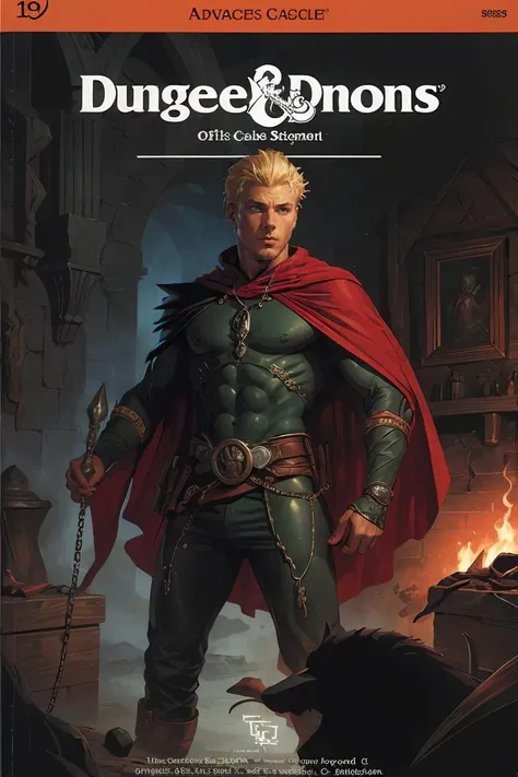 advdnd2023, book cover, novel illustration, intricate art, advanced dungeons and dragons, spawn2023, red cape, lowing green eyes, spike armor, black suit, big collar, chains, claws,<lora:advdnd2023:0.8>,