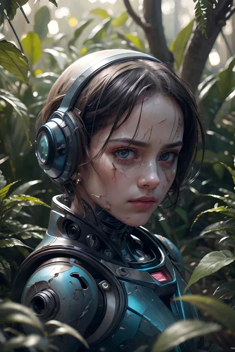 masterpiece,best quality,intricate detail,damaged robot,(sad),looking at viewer,overgrown vegetation,deserted,poor,dusty,dirty,no humans,photorealistic,(4k),depth of field,extremely detailed,intricate,hyper detailed,high resolution,professional photography,bokeh,depth of field,sharp detail,best quality,16k resolution,photorealistic,35mm,intricate details,hdr,hyperdetailed,hyperrealism,sharp,photograph,<lora:huancai-V1.0:0.8>,