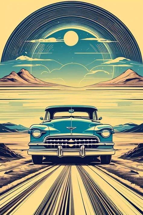 a digital vector art,vintage image of a car on a desert road,flat color palette,<lora:T-shirt_Design_v1-10:0.8>,