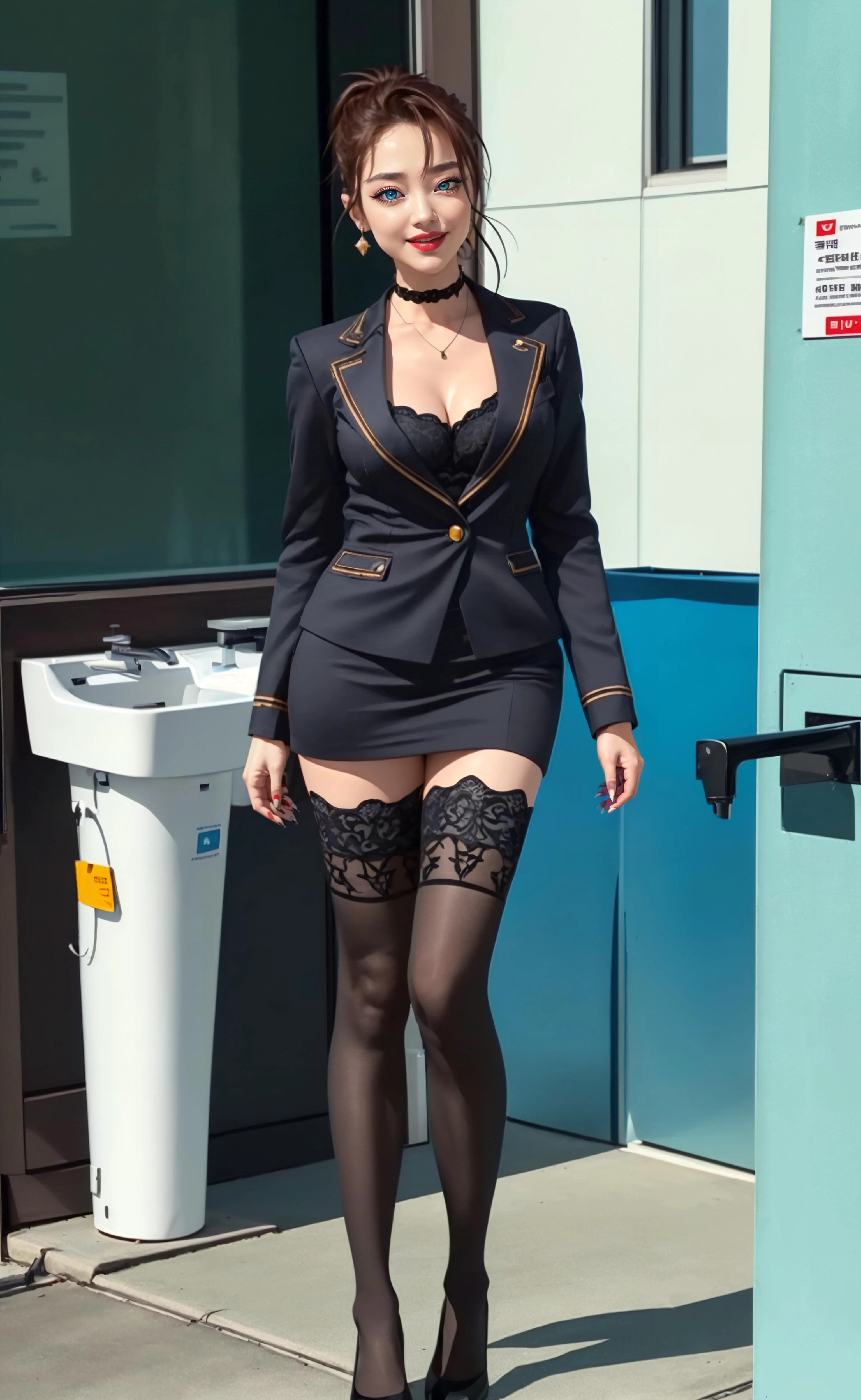 a realistic portrait photo of a real life version of Izumiremi, (full body:1.3, from below:1.2), (korean beauty, korean mixed:1.2), (ulzzang-6500-v1.1:0.4), (pureerosface_v1:1.1), (detailed face:1.3, big eyes, eyeshadow, long eyelashes, red lips, eyes_smile, blush, evil smiling, dynamic pose), (detailed skin:1.3, Glossy skin + Shiny skin:1.4), (exquisite stud earrings, lace choker, necklace, skinny:1.3, gigantic breasts:1.2, cleavage, narrow waist:1.1, long legs, slim legs, high heels), intricate complex room background, (A sleek, solar-powered public restroom facility, integrating sustainable design and water-saving technologies), <lora:envy_betterhands_beta2:1.2>,
<lora:enigmata_schoolOfBondage_remiLzumi_v10:0.85>, brown hair, short hair, hair up, single hair intake, green eyes, makeup, jewelry, skirt, suit, (black thighhighs:1.1), thighhighs, <lora:YFilter_longLegs_v10:0.6>,