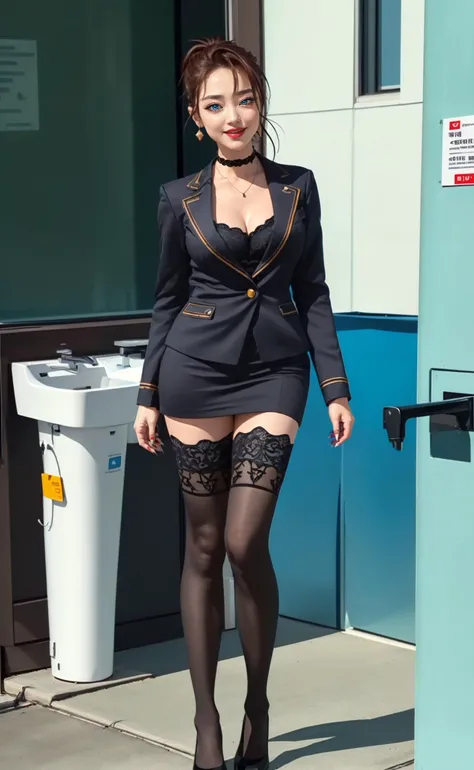 a realistic portrait photo of a real life version of Izumiremi, (full body:1.3, from below:1.2), (korean beauty, korean mixed:1.2), (ulzzang-6500-v1.1:0.4), (pureerosface_v1:1.1), (detailed face:1.3, big eyes, eyeshadow, long eyelashes, red lips, eyes_smile, blush, evil smiling, dynamic pose), (detailed skin:1.3, Glossy skin + Shiny skin:1.4), (exquisite stud earrings, lace choker, necklace, skinny:1.3, gigantic breasts:1.2, cleavage, narrow waist:1.1, long legs, slim legs, high heels), intricate complex room background, (A sleek, solar-powered public restroom facility, integrating sustainable design and water-saving technologies), <lora:envy_betterhands_beta2:1.2>,
<lora:enigmata_schoolOfBondage_remiLzumi_v10:0.85>, brown hair, short hair, hair up, single hair intake, green eyes, makeup, jewelry, skirt, suit, (black thighhighs:1.1), thighhighs, <lora:YFilter_longLegs_v10:0.6>,