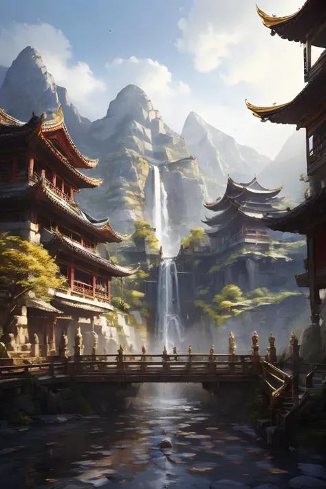 a painting of a mountain landscape with a pagoda and waterfall in the background,with a waterfall in the foreground, ZGGJZ, <lora:ä¸å½å¤å»ºçåºæ¯æ°å´_v1.0:0.8>