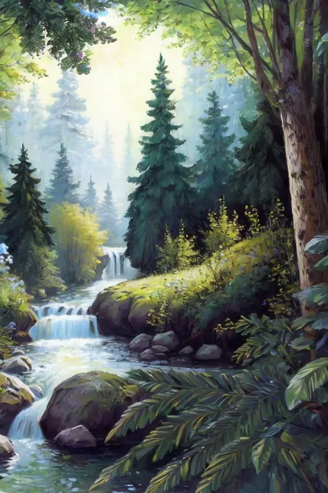 masterpiece,best quality,forest,<lora:Style_ZAR_V2:0.85>,river,flower,