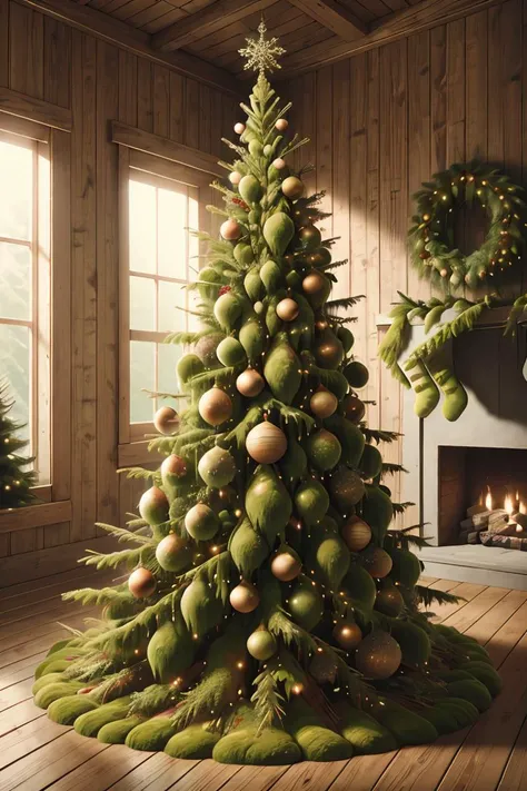 ovrgrwth, a moss covered Christmas tree sitting on a wooden deck,(masterpiece), best quality, realistic, (intricate:0.9), (high detail:1.4), film photography, <lora:ral-ovrgrwth:0.8>