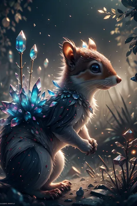 illustration of a little magical cute forest creature. The creature IS holding a spear. fantasy art, intricate details, style Jean - Baptiste Monge, style Alan Lee, anthropomorphic squirrel , scene from a movie, dramatic shot angle, atmospheric particles, Real, raw cinematic photorealism, action portrait, 8k, detailed, centered, full, looking at viewer, Crystals, <lora:Crystals:1>, masterpiece,best quality,extremely detailed,fine details,official art,unity 8k wallpaper,4K,8K,UHD