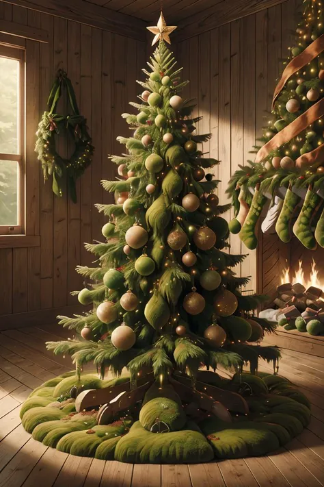 ovrgrwth, a moss covered Christmas tree sitting on a wooden deck,(masterpiece), best quality, realistic, (intricate:0.9), (high detail:1.4), film photography, <lora:ral-ovrgrwth:0.8>