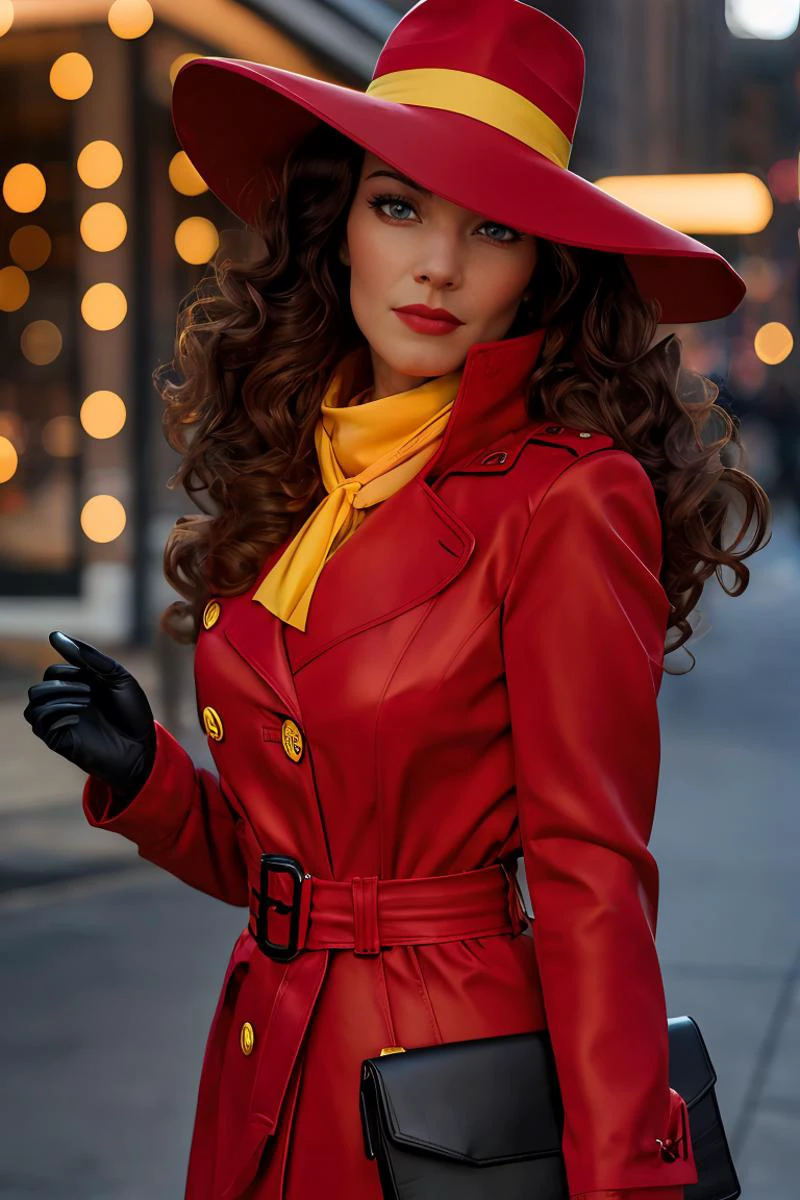 straight-on, upper body, solo, BREAK CARTOON_carmen_sandiego_ownwaifu, carmen_sandiego, long hair, black hair, lipstick, makeup, red lips, breasts, lips, blue eyes, mature female, curly hair, dark skin, long legs, narrow waist, curvy, trench coat, witch hat, belt, red headwear, black gloves, red coat, long coat, scarf, yellow scarf, buttons, big hair,, official art,extremely detailed CG unity 8k wallpaper, perfect lighting,Colorful, Bright_Front_face_Lighting,shiny skin, (masterpiece:1.0),(best_quality:1.0), ultra high res,4K,ultra-detailed, photography, 8K, HDR, highres, (absurdres:1.2), Kodak portra 400, film grain, blurry background, (bokeh:1.2), lens flare, (vibrant_color:1.2),professional photograph, (beautiful_face:1.5), <lora:CARTOON_carmen_sandiego_ownwaifu:0.8>