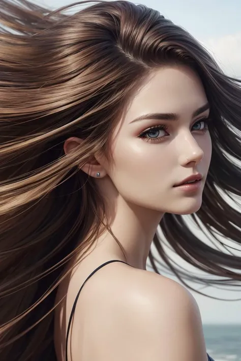 hyper realistic art portrait of a stunningly beautiful women, hyper realistic art beautiful long hairstyle, ((detailed long hair)), back of the hair, (hair blowing in the wind), breathtaking fashion photoshoot, close up, <lora:more_details:0.3>, <lyco:GoodHands-beta2:1>,