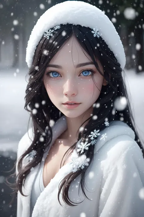 detailed illustration,natural lighting,midday, digital artwork, extremely detailed,(grainy:0.6), BREAK detailed face, blue iris, detailed eyes, detailed hair, snow, snowflakes, ultra realistic,32k,RAW photo,(high detailed skin:1.2), 8k uhd, dslr, soft lighting, high quality, film grain <lyco:Snow_Sora:0.8>