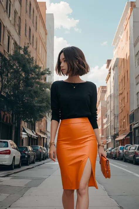 (medium shot:1.4), colorful, cinematic composition, 1girl,outdoors, ss pencil skirt,orange pencil skirt, best quality,masterpiece,an extremely delicate and beautiful <lyco:GoodHands-beta2:1>,