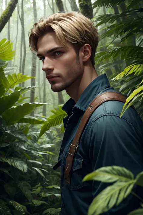 realistic, (absurdres, highres, ultra detailed), 1 male, solo, mature, broad shoulders, handsome, angular jaw, BREAK, looking at viewer, short blonde hair, blue eyes, long sleeves, forest, trees full of greenery, fluttering leaves, natural light and shadow, Jungle exploration, lots of plants, depth of field, <lora:more_details:0.3>, <lyco:GoodHands-beta2:1>,