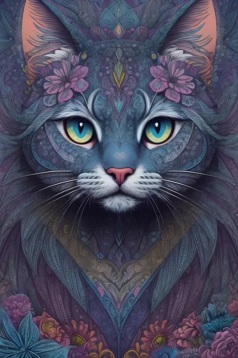 <lora:Mexican_Cultural_Art:1> Stylized animal representation, likely a cat, filled with intricate patterns and flowers, psychedelic color scheme, part of the zentangle art genre, emphasis on decorative details, single eye portrayed with a prominent blue iris, whimsical and artistic interpretation of an animal portrait, enhancing color pop
