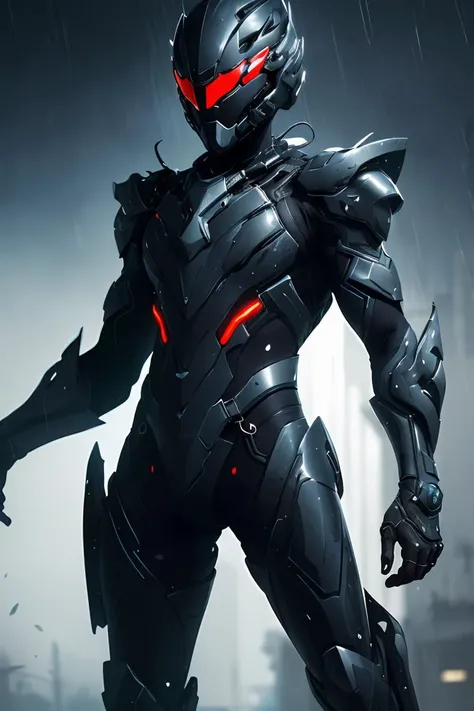 (masterpiece), pinterest, futuristic soldier, 1 man, helmet, futuristic armor, dramatic, raining, night, black armor, black clothes, solid helmet, futuristic weapon, futuristic equipment, detailed gadgets, sci-fi, futuristic background, (dynamic pose), medium shot, looking away, (style of Benedick Bana, messy, streaks, style of Tsutomu Nihei:1.2)