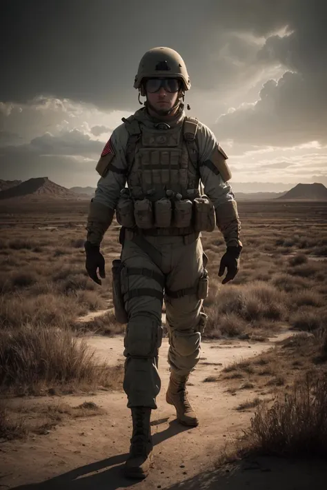 Create a cinematic, filmic image ((best quality)), ((masterpiece)), ((realistic)) of (((post nuclear landscape))). Show a handsome strong blond male army ranger and his [full body]. 24mm, 4k textures, soft cinematic light, adobe lightroom, photolab, hdr, intricate, elegant, highly detailed, sharp focus, ((((cinematic look)))), soothing tones, insane details, intricate details, hyperdetailed, low contrast, soft cinematic light, exposure blend, hdr, faded,<lyco:GoodHands-beta2:1.0>