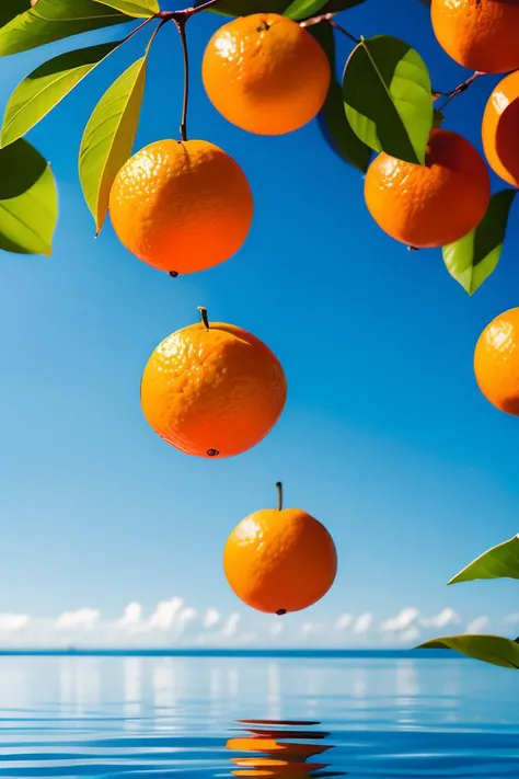 no humans,Photographic, orange \(fruit\),leaf, bubble, tree, sky, water, blue sky, outdoors, multiple others, realistic,blur, fruit poster,,bule background, <lora:ç»å¨çé²è¶
å¸fruit poster_v1.5:0.85>