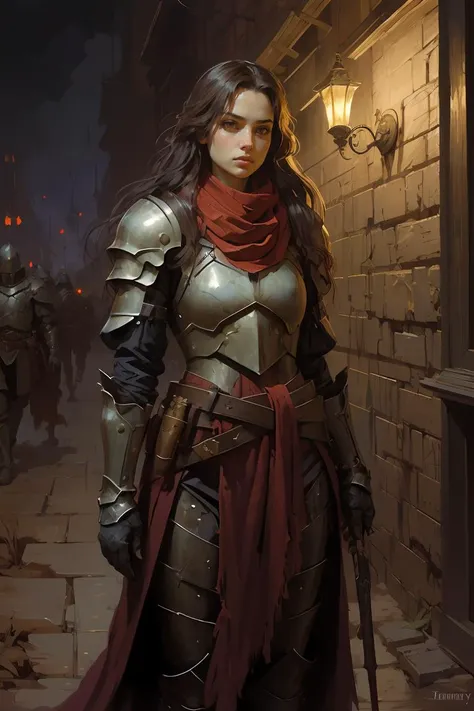masterpiece, best quality, 1girl inside a dark room, long hair, brown eyes, armor, breastplate, brown belt, fantasy, (oil painting), red scarf, upper body, dark, night, no light, by Steve Henderson, Fabian Perez, Henry Asencio, Jeremy Mann, Marc Simonetti, fantasy, magical horror, atmosphere,<lora:BearlySD:0.8>