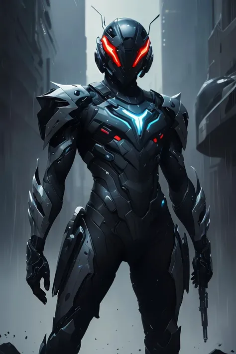 (masterpiece), pinterest, futuristic soldier, 1 man, helmet, futuristic armor, dramatic, raining, night, black armor, black clothes, solid helmet, futuristic weapon, futuristic equipment, detailed gadgets, sci-fi, futuristic background, (dynamic pose), medium shot, looking away, (style of Benedick Bana, messy, streaks, style of Tsutomu Nihei:1.2)