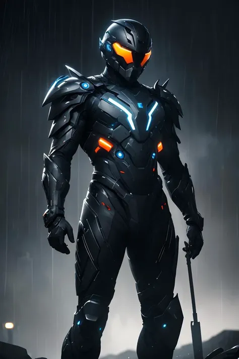 (masterpiece), pinterest, futuristic soldier, 1 man, helmet, futuristic armor, dramatic, raining, night, black armor, black clothes, solid helmet, futuristic weapon, futuristic equipment, detailed gadgets, sci-fi, futuristic background, (dynamic pose),  medium shot, looking away, (style of Benedick Bana, messy, streaks, style of Tsutomu Nihei:1.0)