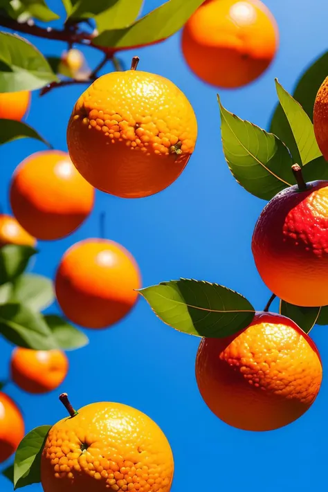 no humans,Photographic, orange \(fruit\),leaf, bubble, tree, sky, water, blue sky, outdoors, multiple others, realistic,blur, fruit poster,,bule background, <lora:ç»å¨çé²è¶
å¸fruit poster_v1.5:0.85>