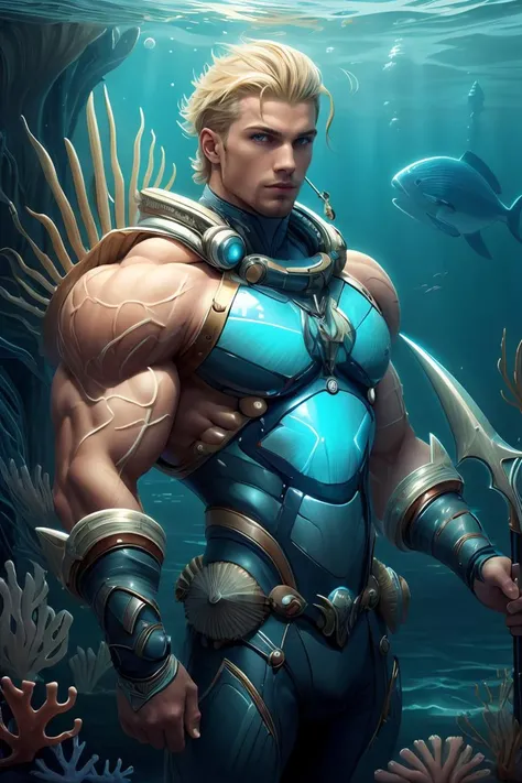 <lora:AtlantisTech:0.8>, atlantistech ,scifi, undersea, 1 man, Muscle, upper body, blonde hair, holding trident , <lora:more_details:0.2>, <lora:GoodHands-beta2:1>,