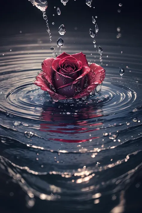 Macro Photography,a rose,shining starlight,Simple background,Dark background,Extreme Detail,UHD,8K,Studio Lighting,Professional Photography,fine art,((water drops)),wet clothes,((beautiful detailed water)),((floating)),dynamic angle,