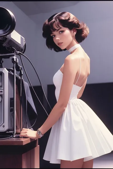1 female, beautiful, shooting, short hair, leaning forward, choker and Balenciaga white dress Analog style, vhs style,chromatic aberration, 1980s style film by Jean Giraud, <lyco:GoodHands-beta2:1.0>