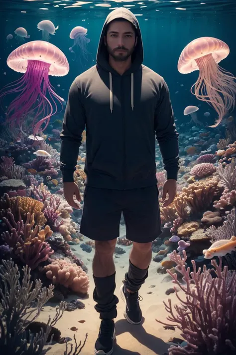 (masterpiece, best quality, hyper realistic:1.4)1man,detailed background,solo,full body,facial hair,muscular male,floating,aged up,hoodie,seafloor,star light,sea grass,colorful jellyfish,six heads tall,depth of field, , mysterious, eyes detail