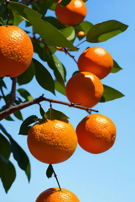 no humans,Photographic, orange \(fruit\),leaf, bubble, tree, sky, water, blue sky, outdoors, multiple others,  realistic,blur, fruit poster,,bule  background,  <lora:ç»å¨çé²è¶å¸fruit poster_v1.5:0.85>