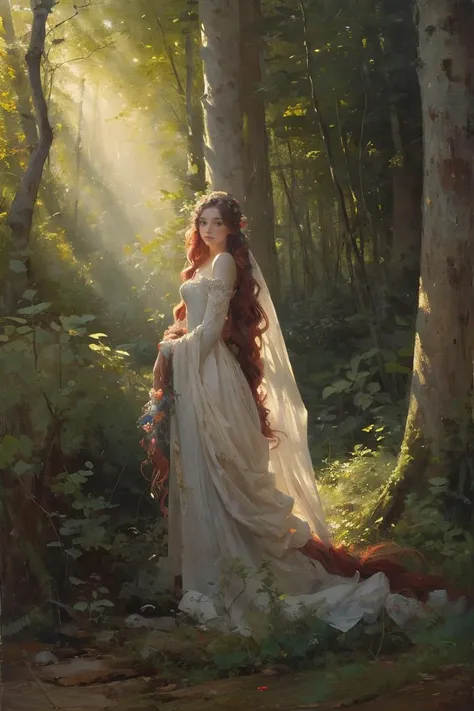 OIL PAINTING,IMPRESSIONISM,medium full view, amidst the ancient woodland, the image captures the ethereal beauty of a young dryad. her long, braided red hair cascades like flames, entwining with (vines and flowers that form her ornate dress:1.2), the air is filled with colorful petals, and dappled sunlight paints a mesmerizing tapestry on the forest floor, dense foliage, gnarled roots and branches, beams of sunlight, ethereal, mysterious, wondrous, chiaroscuro, masterpiece, best quality,<lora:bichu-v0612 :0.6> BICHU,<lora:GoodHands-beta2:1>