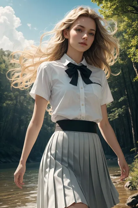 (photorealistic:1.4),Best quality, masterpiece, ultra high res, raw photo,soft light, (cowboy shot),blue sky, poster, 1girls, blonde hair, long hair, beautiflul girl, small breasts, happy, (mathayom uniform),white shirt short sleeves,(black pleated long skirt:1.2), bowtie, hair_floating, dramatic scene, forest, nature, sexy pose, <lora:more_details:0.3> <lyco:GPTS4 dreamwave full_478773:0.3> <lyco:GoodHands-beta2:1.0>