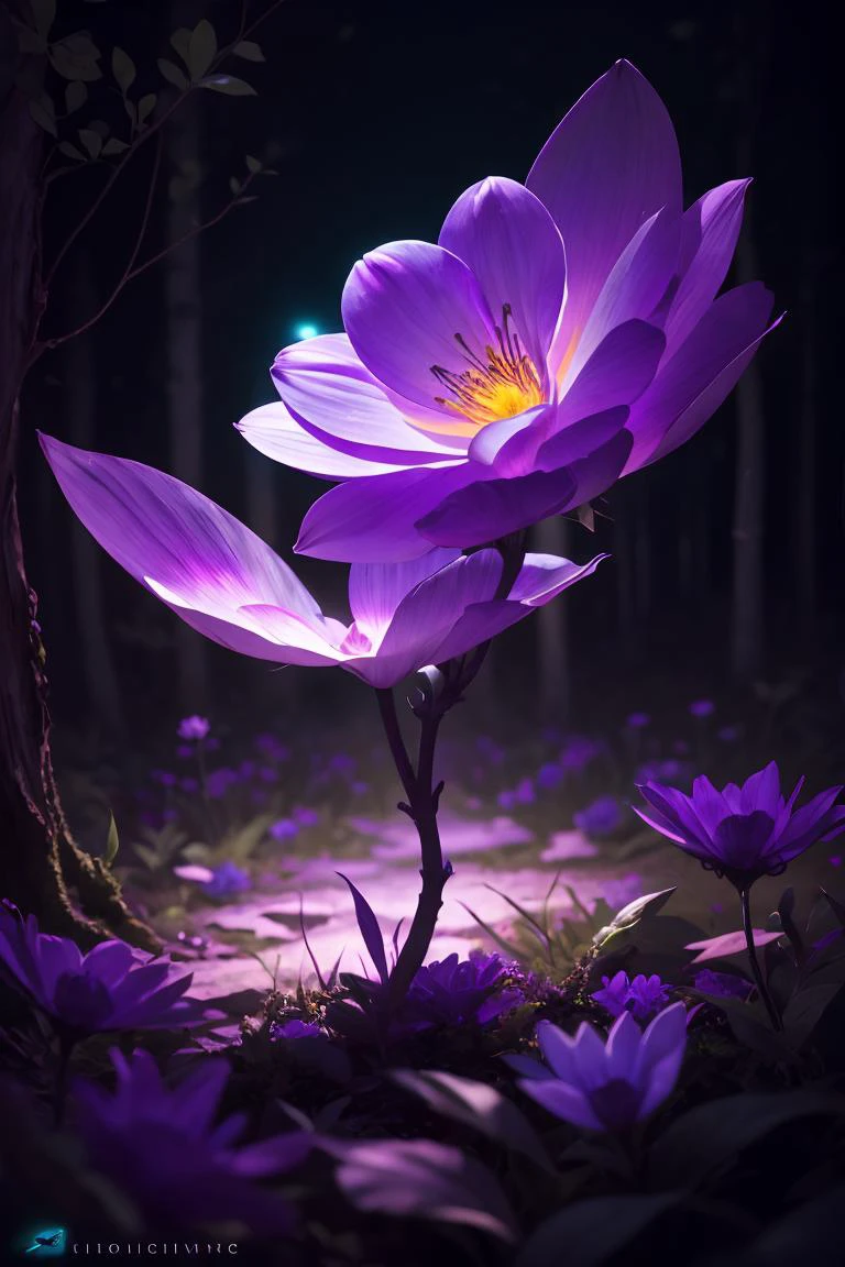 bioluminescent purple flower,fabulous night forest,magical radiance,Concept art,depth of field,Raw photo,realistic,cinematic lighting,soft shadows,sharp focus,fractal,colorful,depth of field,best quality,16k resolution,vivid colors,volumetric lighting,<lora:kVoidEnergy-000001:0.5>,