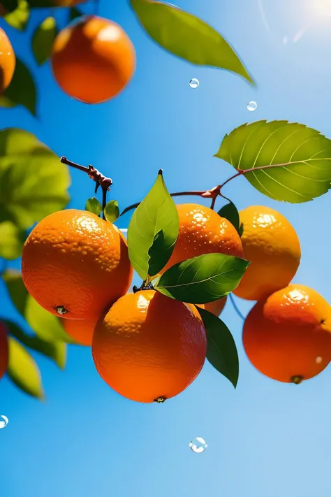 no humans,Photographic, orange \(fruit\),leaf, bubble, tree, sky, water, blue sky, outdoors, multiple others, realistic,blur, fruit poster,,bule background, <lora:ç»å¨çé²è¶
å¸fruit poster_v1.5:0.85>