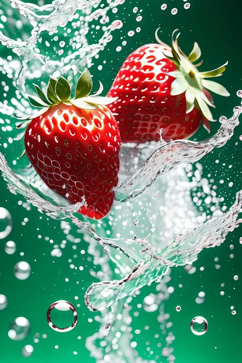 no humans,Photographic, fruit, strawberry,water splashing, splashing, multiple others,  realistic, Bubbles,blur, fruit poster,,green  background,  <lora:ç»å¨çé²è¶å¸fruit poster_v1.5:0.9>