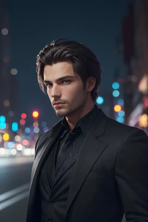 (best quality, masterpiece, official art, highres:1.2), extremely detailed CG unity 8k wallpaper, closeup face photo of caucasian man in black clothes, night city street, bokeh <lyco:GoodHands-beta2:1.0>