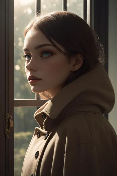 1 woman ,coat, windows, dramatic lighting, rim light, closeup shot, detailed face Andrew Wyeth Oleg Oprisco (best quality, masterpiece, photorealistic) <lyco:GoodHands-beta2:1.0>