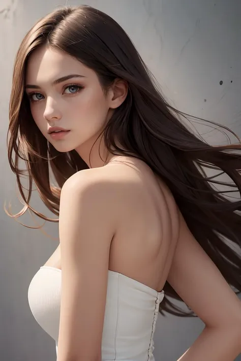 1girl,solo,long hair,brown hair,looking at viewer,realistic,Pure bule fashion background,brown eyes,dress,bare shoulders,upper body,lips,parted lips,white dress,strapless,from side,looking to the side,breasts,masterpiece,best quality,high quality,<lora:add_sharpness:0.5>,face focus,fashion photography,  <lora:GoodHands-beta2:1>