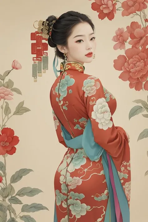 1girl,long hair,solo,colorful dress,hair ornament,jewelry,colorful flower,hair flower,(longANDred chinese dress:1.5),hanfu,holding,breasts,puffy sleeves,brown hair,looking at viewer,black hair,lips,brown eyes,shoulder cutout,wavy hair,parted lips,first,paint the background with vibrant colors,(colorful flower background:1.5),colorful and beautiful,waistband,watercolor painting, <lora:anxiang:0.65>