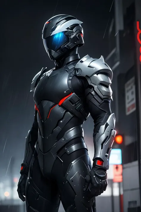 (masterpiece), pinterest, futuristic soldier, 1 man, helmet, futuristic armor, dramatic, raining, night, black armor, black clothes, solid helmet, futuristic weapon, futuristic equipment, detailed gadgets, sci-fi, futuristic background, (dynamic pose), medium shot, looking away, (style of Benedick Bana, messy, streaks, style of Tsutomu Nihei:1.0)