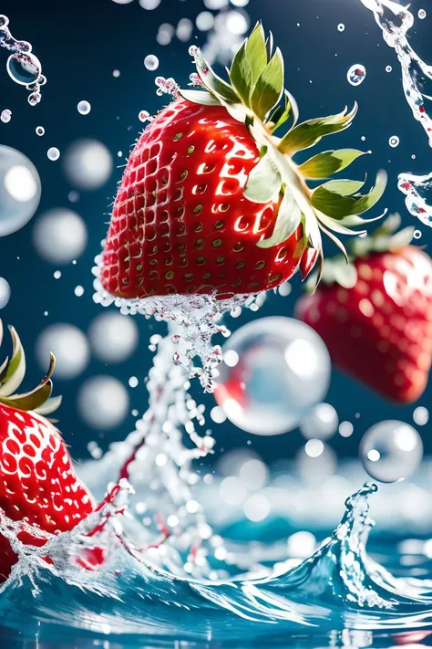 no humans,Photographic, fruit, strawberry,water splashing, splashing, multiple others, realistic, Bubbles,blur, fruit poster,,bule background, <lora:ç»å¨çé²è¶
å¸fruit poster_v1.5:0.85>