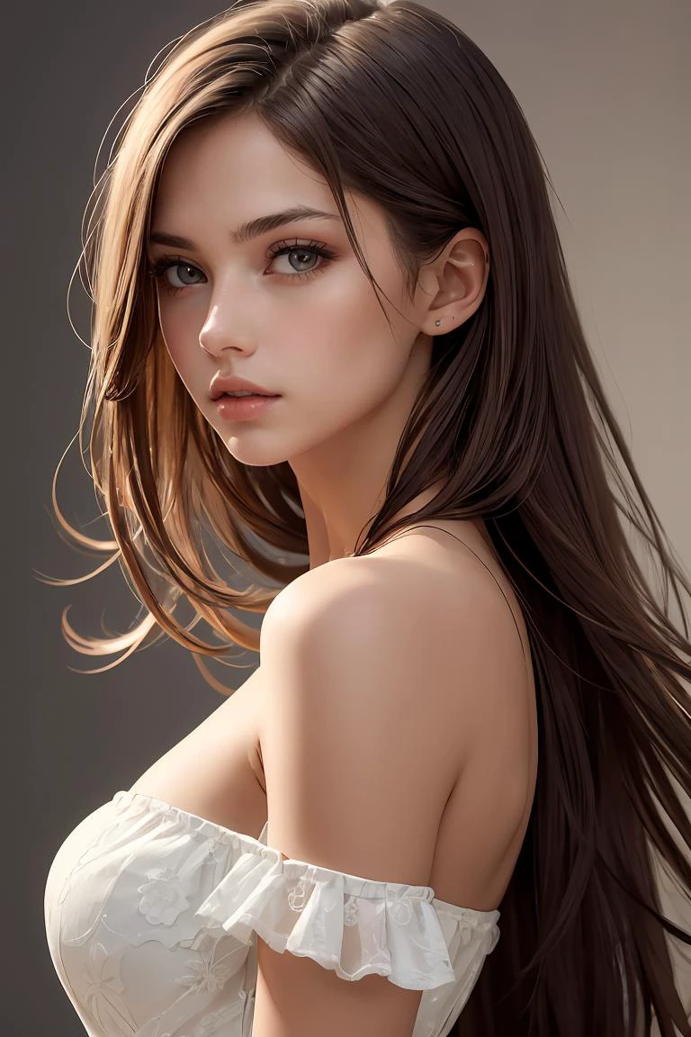 1girl,solo,long hair,brown hair,looking at viewer,realistic,Pure bule fashion background,brown eyes,dress,bare shoulders,upper body,lips,parted lips,white dress,strapless,from side,looking to the side,breasts,masterpiece,best quality,high quality,<lora:add_sharpness:0.5>,face focus,fashion photography, <lora:GoodHands-beta2:1>